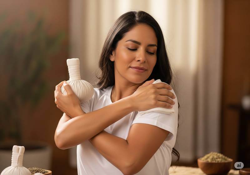 Una mujer mMexicana con una blusa blanca aplica suavemente una compresa tibia en su hombro, con los ojos cerrados en sereno alivio, mientras hierbas naturales y luz cálida adornan el fondo.