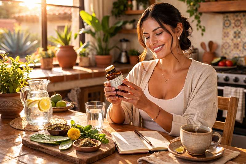 Mujer mexicana en su cocina sosteniendo el tónico natural Berzeo, un suplemento que apoya la pérdida de grasa corporal en mujeres