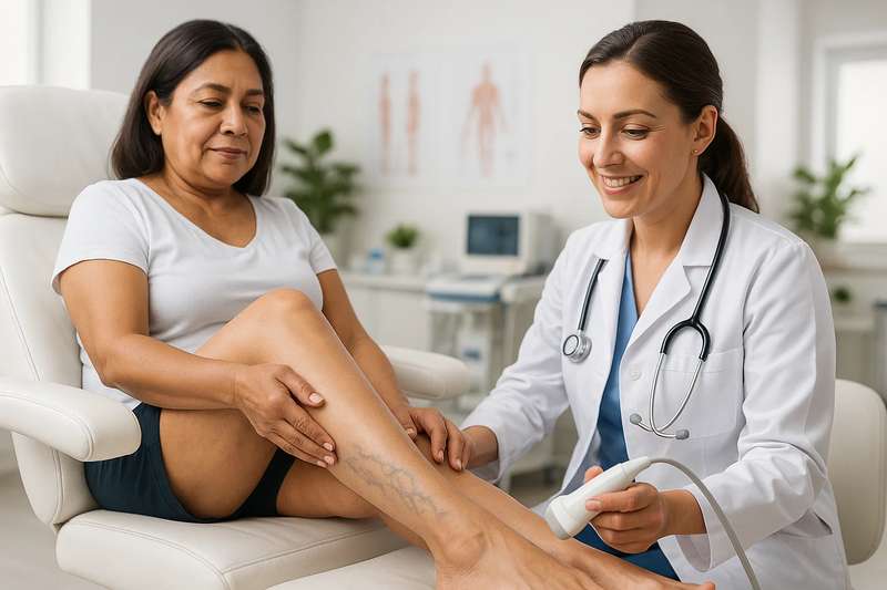 Doctora mexicana examinando piernas de paciente mostrando cómo eliminar las várices con tratamientos modernos en clínica especializada
