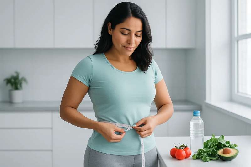 Mujer mexicana midiendo su cintura en una cocina moderna con luz fría natural, mostrando hábitos saludables sobre cómo quemar grasa abdominal.
