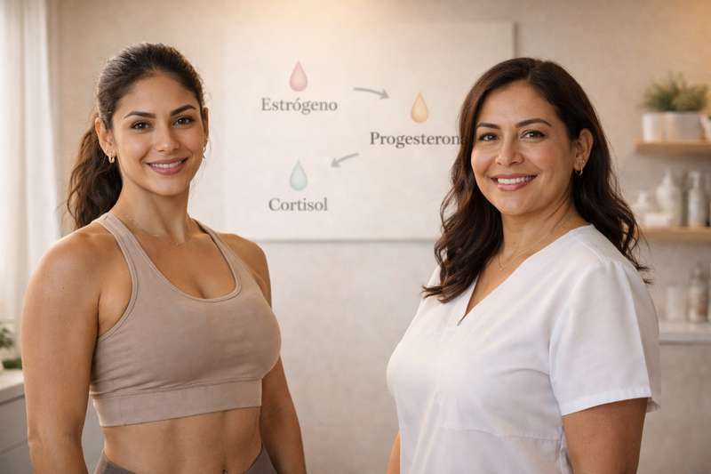 Dos mujeres mexicanas de diferentes edades en un ambiente de bienestar, representando cómo las hormonas femeninas influyen en la acumulación de grasa corporal