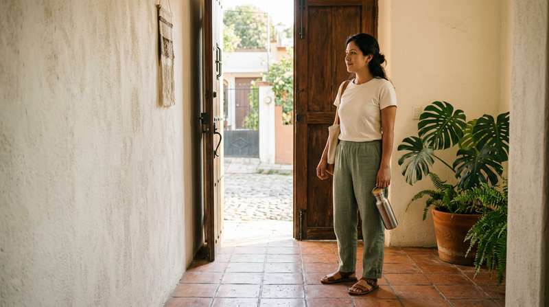 Mujer de pie en entrada de casa con botella de agua lista para salir a caminar, luz de mañana natural