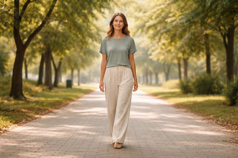 Mujer caminando a paso tranquilo por sendero sombreado en parque, ropa cómoda en tonos sage y lino, movimiento articular de bajo impacto