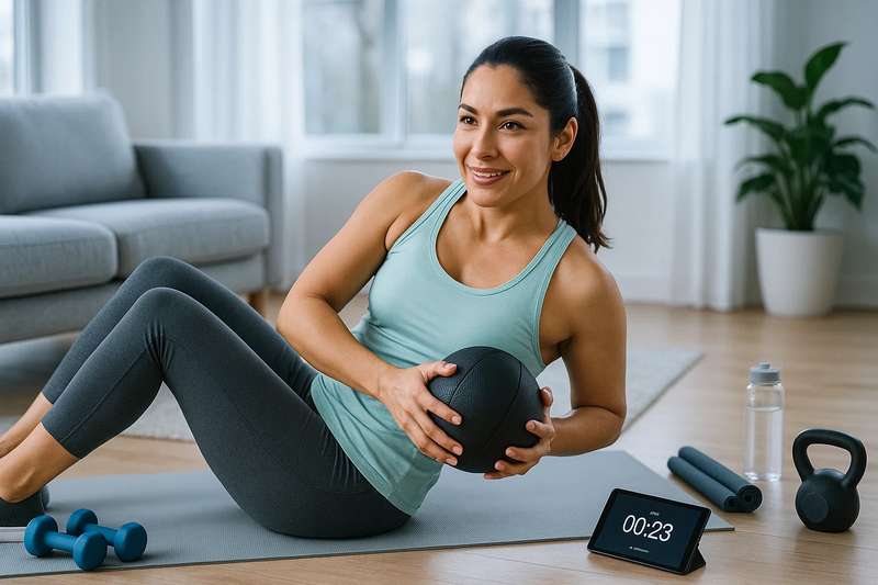 Mujer mexicana atractiva realizando un ejercicio abdominal en su sala con luz fría natural, con accesorios de entrenamiento como pesas, banda y yoga mat, transmitiendo motivación y estilo de vida saludable