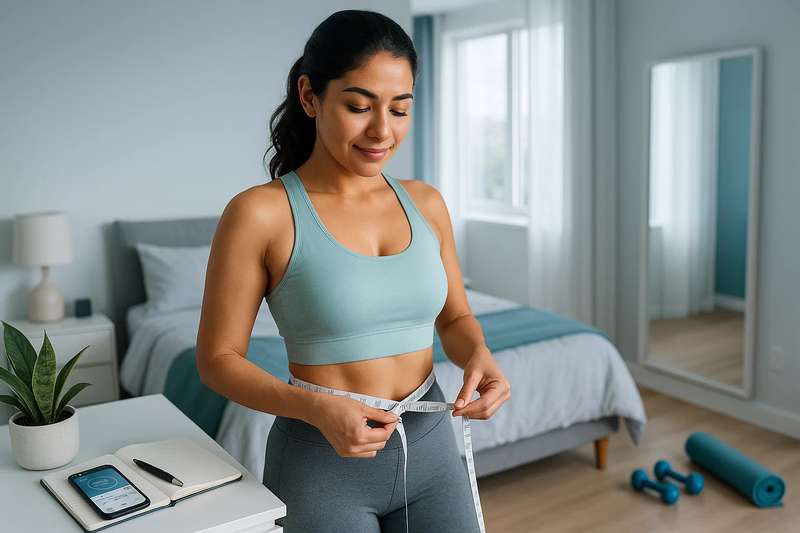 Mujer mexicana atractiva y de piel clara midiendo su cintura en una habitación moderna con luz fría natural, rodeada de elementos de bienestar, para evaluar su progreso en cómo quemar grasa abdominal.