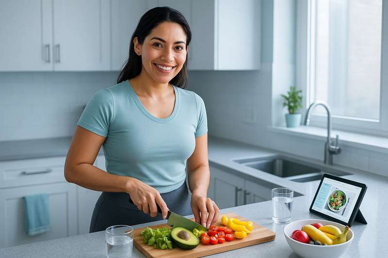 Mujer mexicana atractiva preparando alimentos saludables en una cocina moderna con luz fría natural, mostrando estrategias nutricionales para cómo quemar grasa abdominal que realmente funcionan.