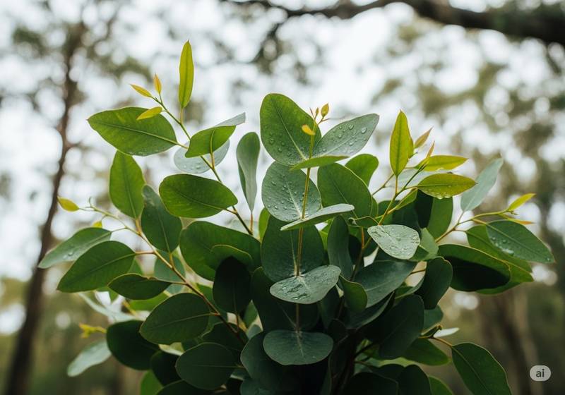 Primer plano de un grupo de hojas y ramas frescas de eucalipto, con un fondo natural y difuminado de árboles.