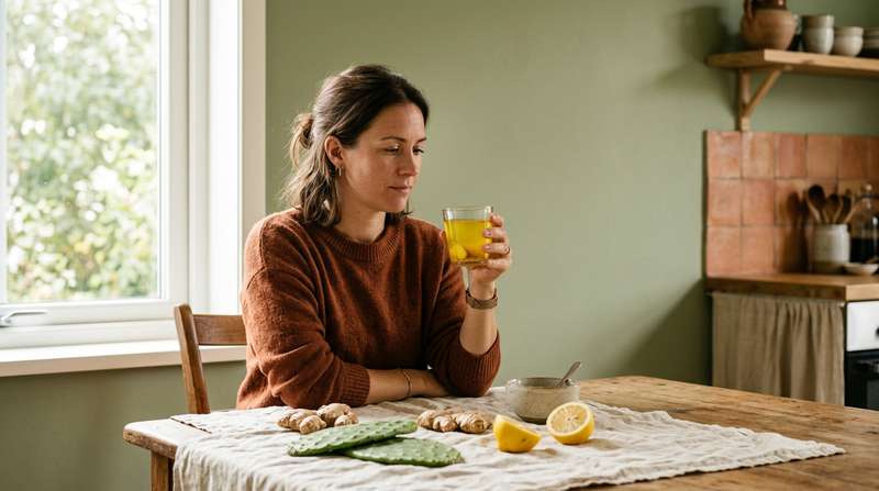 Mujer observa vaso con bebida de cúrcuma junto a jengibre fresco, nopal y limón sobre mesa de madera, alimentos antiinflamatorios articulaciones