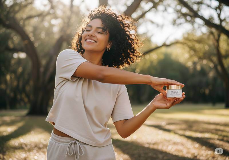 Una mujer mexicana sonriente con cabello rizado se estira al aire libre, sosteniendo un pequeño frasco blanco de crema "Motion Energy" en su mano, bajo la luz natural del sol.