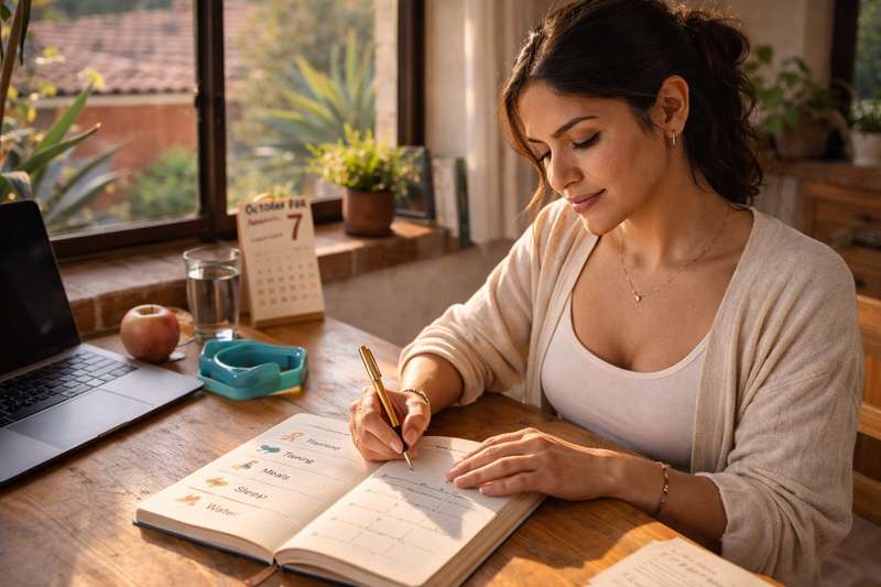 Mujer mexicana planificando su rutina semanal de entrenamiento, alimentación y sueño en un diario de bienestar para perder grasa corporal de forma efectiva
