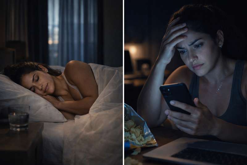 Comparación fotográfica de una mujer mexicana durmiendo bien vs. una mujer bajo estrés nocturno, mostrando el impacto del cortisol en la grasa corporal